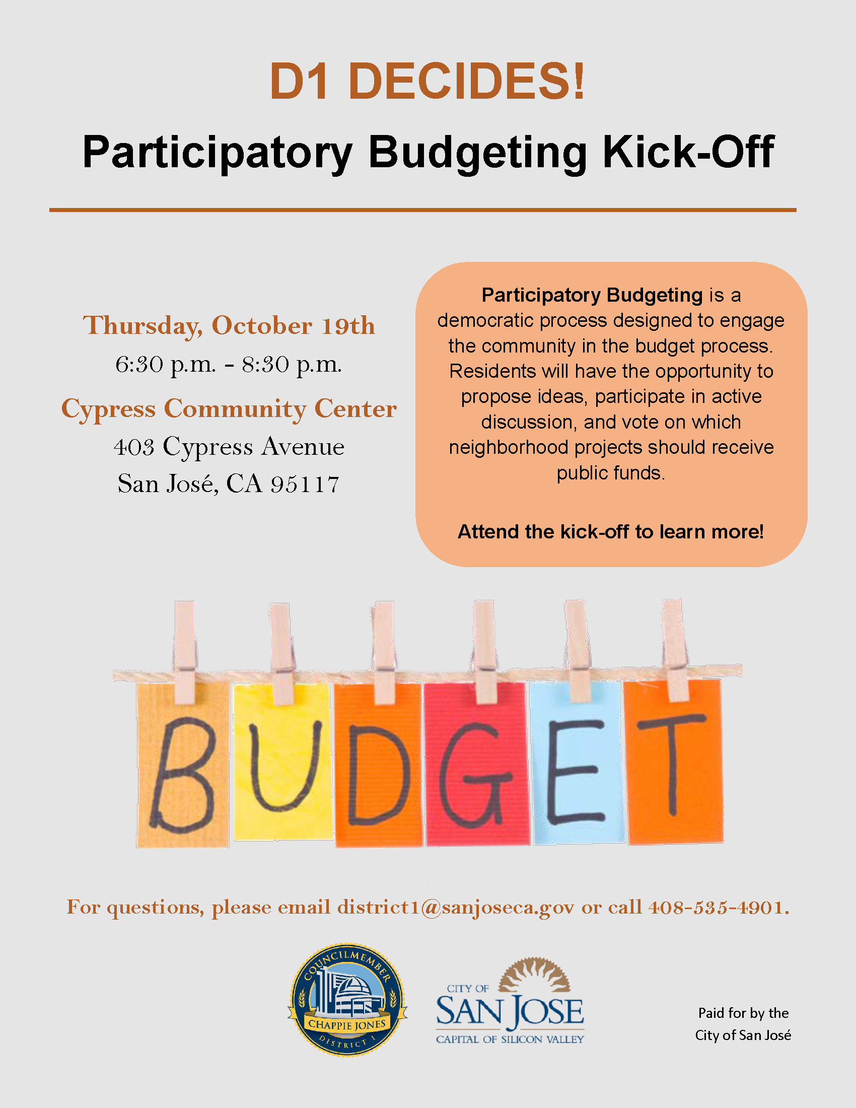 Flyer for the Participatory Budget kick-off meeting on October 19th at the Cypress Community Center.